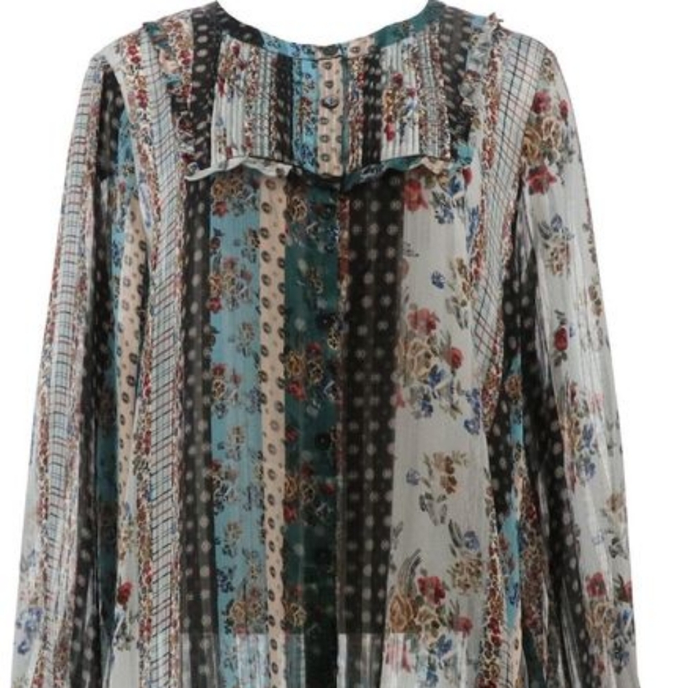 LOGO Lori Goldstein Ruffle Printed Button-Front Satin Blouse Mystic Teal
